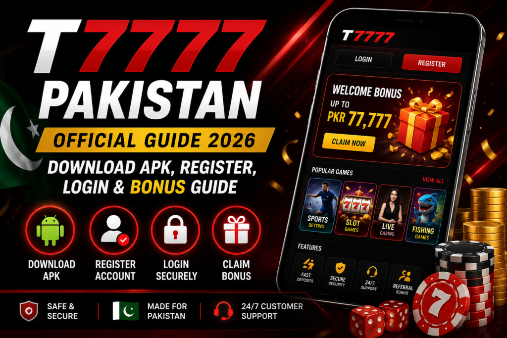 T7777 official guide featuring APK download, account registration, login, and welcome bonus information for Pakistan.