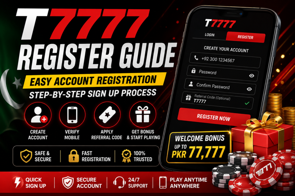 T7777 account registration guide showing the official sign up process for new users in Pakistan.