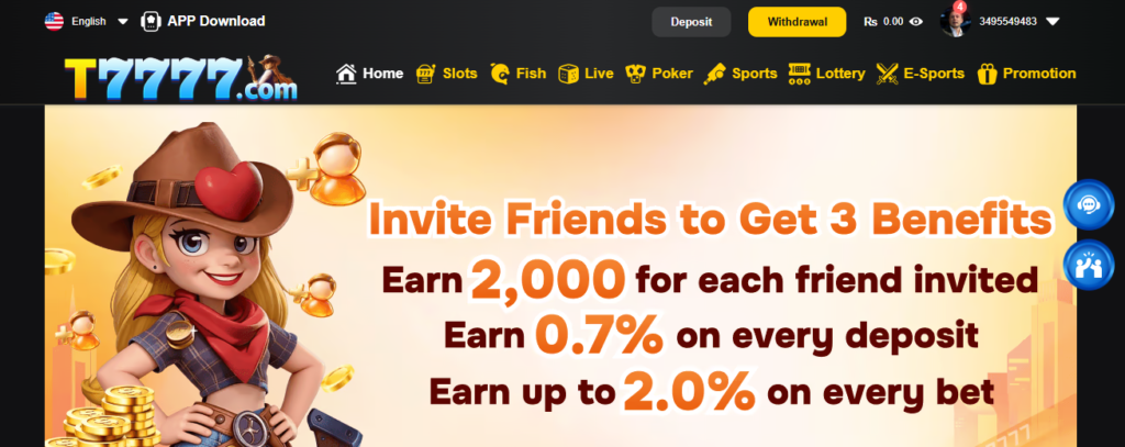 T7777 homepage showing the official gaming platform interface and latest promotions.