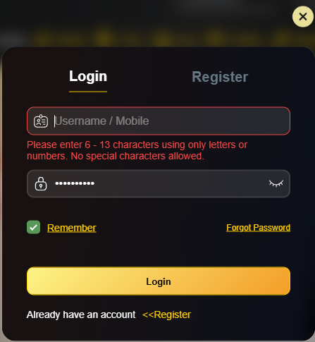 T7777 secure login page for existing users.