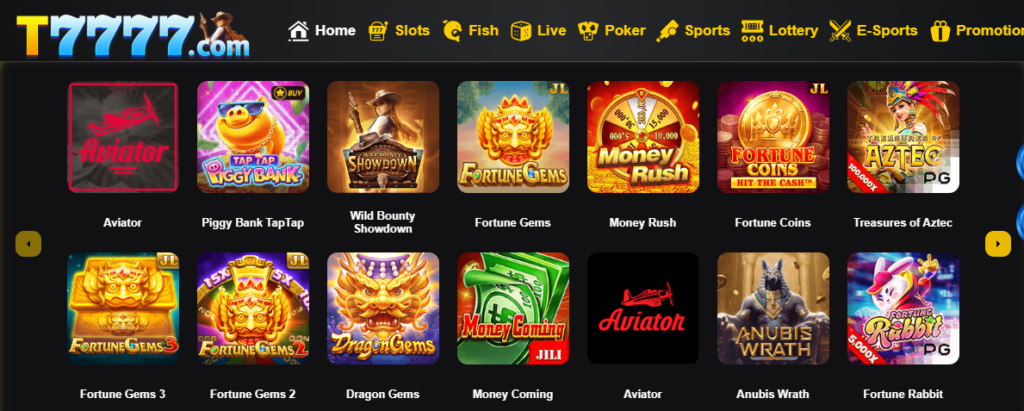 T7777 gaming platform featuring casino games and sports betting options.