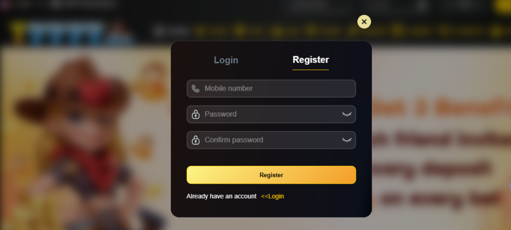 T7777 register page displaying the official account creation form.